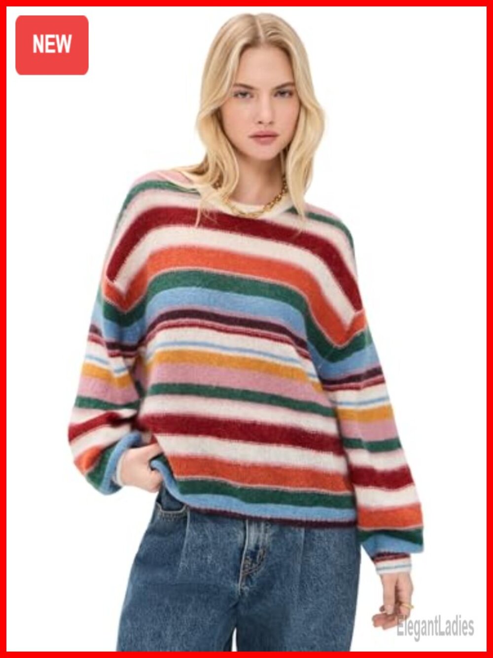 Oversize Striped Mohair Wool Pullover Sweater Long Wide Sleeve Crew Neck